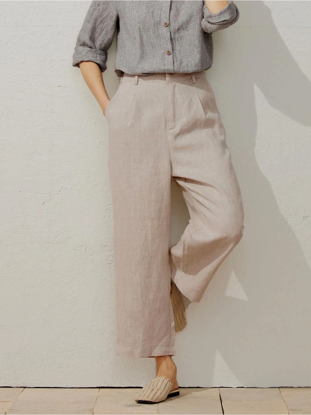 1940s Style High Rise Linen Pants Wide Leg Vintage Trousers 40s Khaki Beige Tan